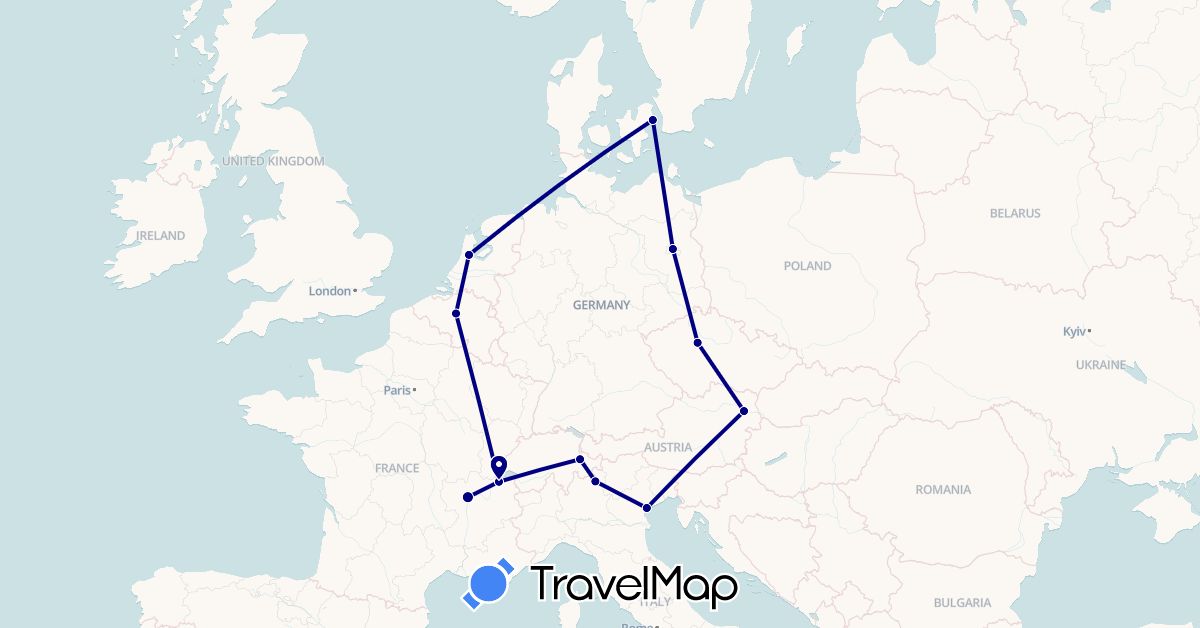 TravelMap itinerary: driving in Austria, Belgium, Switzerland, Czech Republic, Germany, Denmark, France, Italy, Netherlands (Europe)